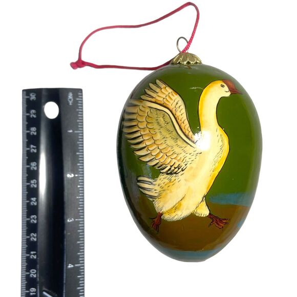 Goose Hand Painted Egg Vintage Christmas / Easter Ornament Green 4 in - Picture 5 of 8